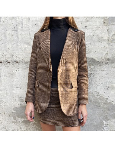 Blazer check in lana con dettagli in ecopelle