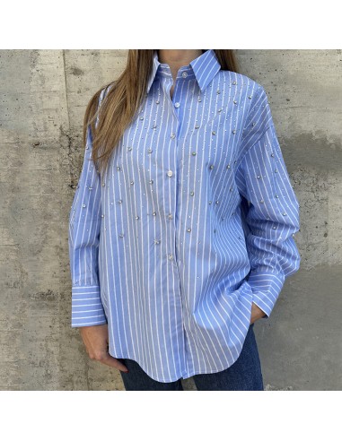 Camicia azzurra a righe bianche con strass