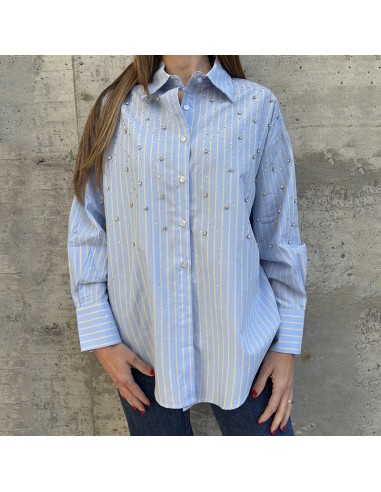 Camicia azzurra a righe gialle con strass