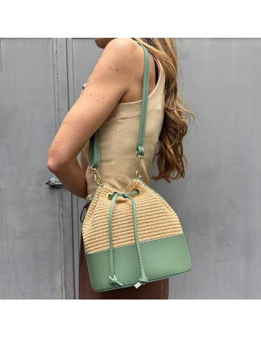 Secchiello in vera pelle e rafia menta