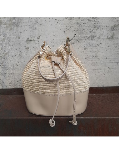 Secchiello in vera pelle e rafia beige