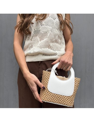 Mini-bag in pelle bianca e rafia