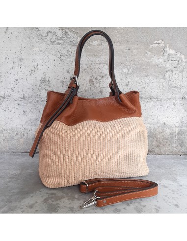 Shopper con fascione in pelle cuoio e rafia