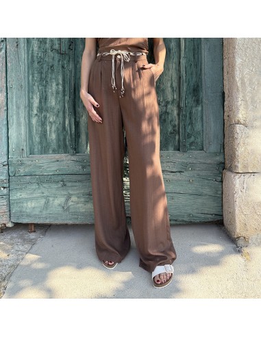 Lumina pantalone in lino marrone con cintura