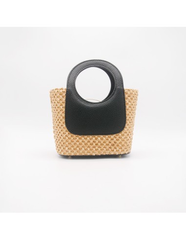 Mini-bag in pelle nera e rafia