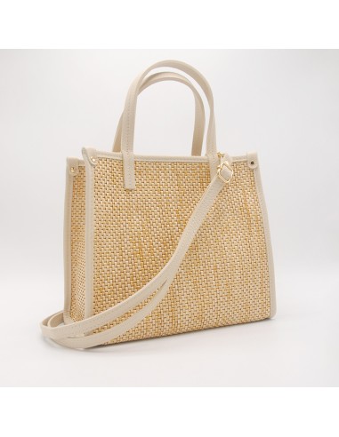 Shopper in rafia e bordi in pelle beige