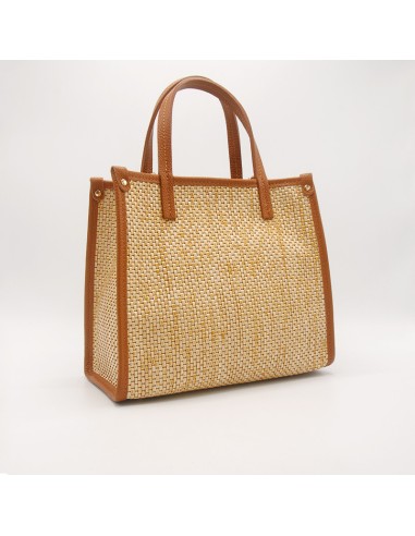 Shopper in rafia e bordi in pelle cuoio