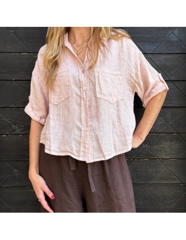 Camicia 100% lino rosa con tasche
