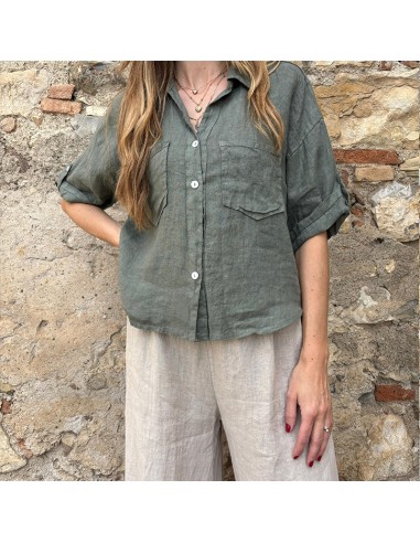 Camicia 100% lino verdone con tasche
