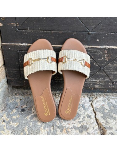 Ciabattina in pelle e rafia beige