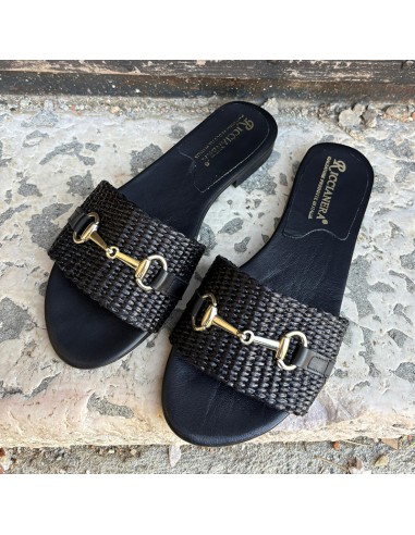 Ciabattina in pelle e rafia nero