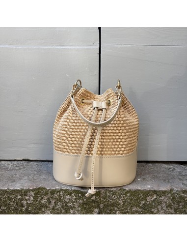 Secchiello in vera pelle e rafia beige