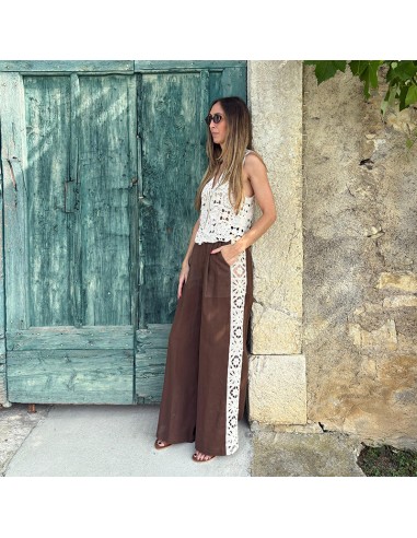 Lumina pantalone in lino marrone con banda