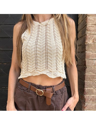 Crop-top uncinetto panna