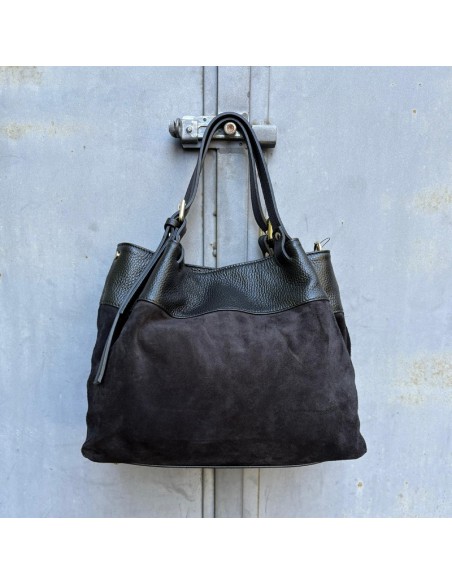 Borsa camoscio nero con riporto in pelle