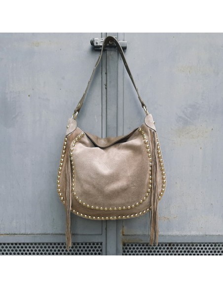 Pasinetti maxi-bag in camoscio fango con frange e borchie