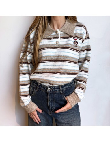 Maglione/polo a righe con orsetto beige