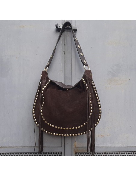 Pasinetti maxi-bag in camoscio t.moro con frange e borchie