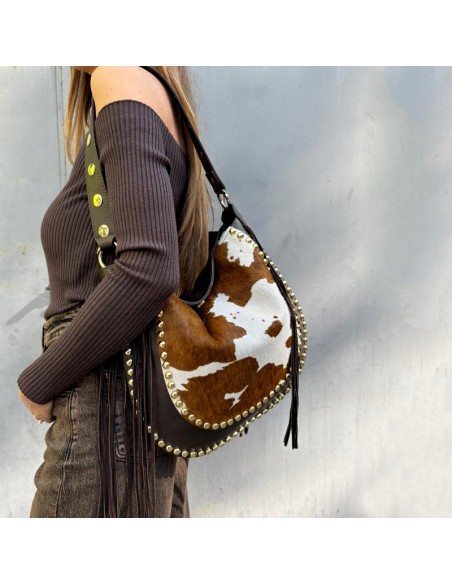 Pasinetti maxi-bag in pelle muccata con frange e borchie